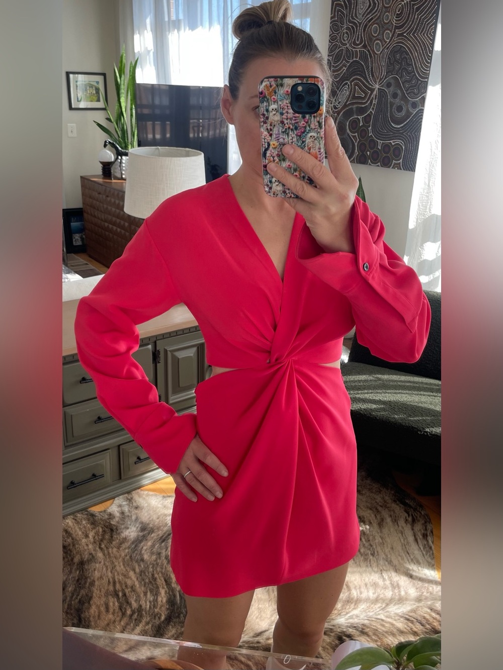 A.L.C. Fuchsia Twist-Front Long Sleeve Mini Dress 4 / S